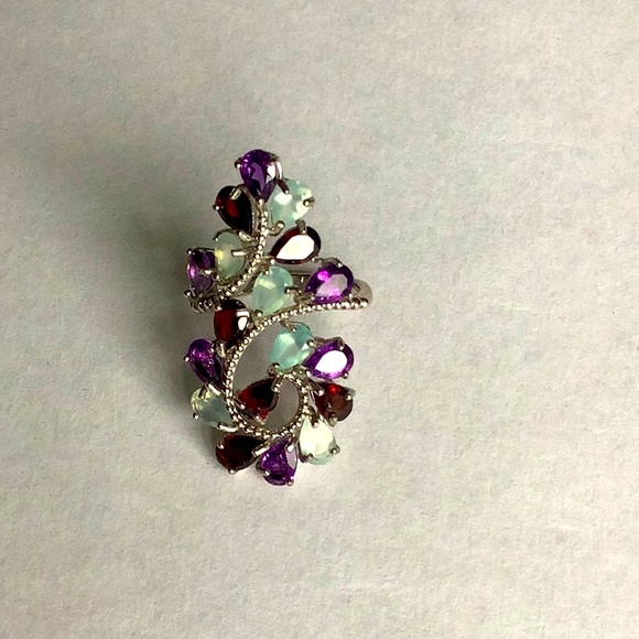 Natural Chalcedony Amethyst & Garnet gemstone sterling statement ring size 6.75 - Picture 2 of 6